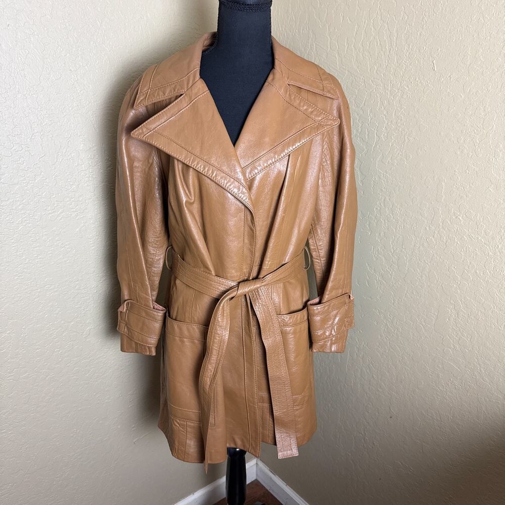 Vintage 24K Leather Dan Di Modes Womens Tan Leather Belted Trench Coat 1970s